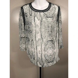 Daniel Rainn L Sheer Black Popover Top Long Sleeve Roll Tab Quilt Block Print